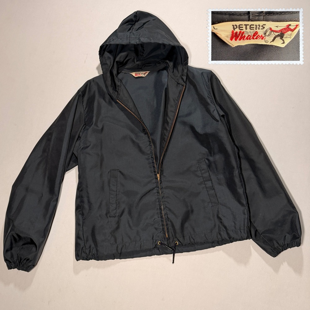 60s Peters Whaler Rain Jacket Mens L Navy Nylon Talon Zipper Hooded True Vintage